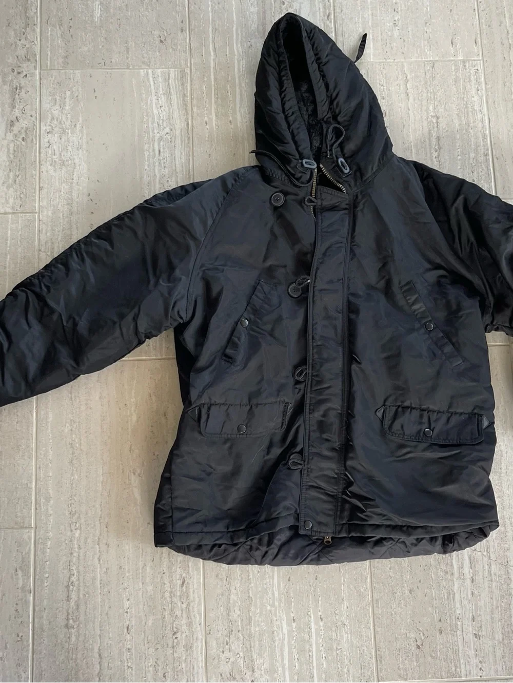 J.Crew Vintage Black Faux Fur Lined Hood Parka Coat Jacket Large